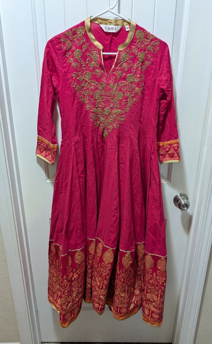 BIBA Indian Vibrant Pink Gold Anarkali Kurta Salwar Duppatta Dress Size 34 Small